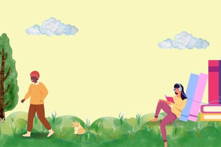 A graphic of two people in a green space, one reading with a pile of books, the other walking. A rabbit and a tree also feature.