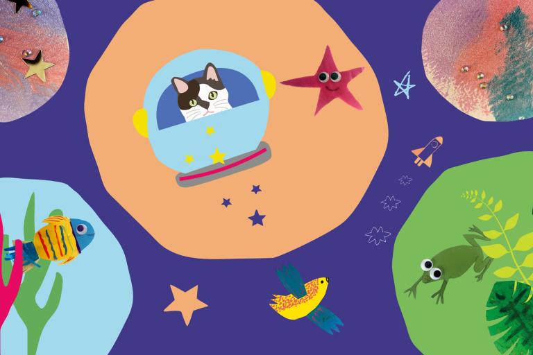 A colourful graphic with plants, a cat, a starfish and fish in circles