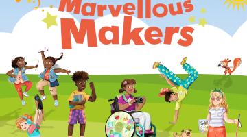 A graphic of children playing on grass with the words Marvellous Makers and Summer Reading Challenge 2024
