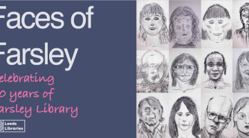 Twelve drawing of faces celebrating 60 years of the library