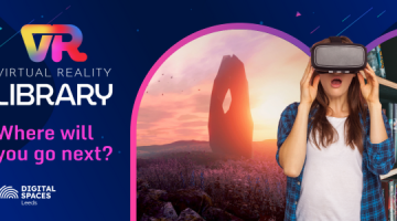 A young woman wearing VR headset on a blue background with a VR monolith, and the words VR Library where will you go next?