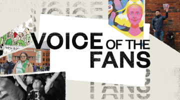 A graphic saying Voice of the Fans, with various images of people at football matches, selling zines and a football cartoon