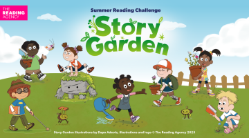 A graphic with children playing outdoors in a field with the words "Story Garden" above them