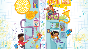 A cartoon of a storytelling machine with several children working on it and the dates of the festival