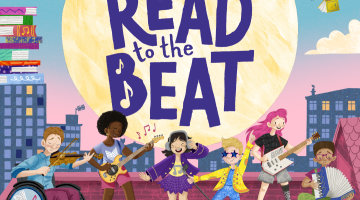 A graphic with children playing musical instruments in a city with the words Read to the Beat